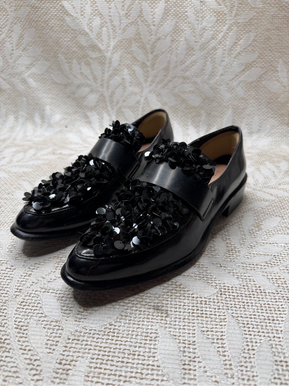Zara Black Sequin Embellished Leather Loafers